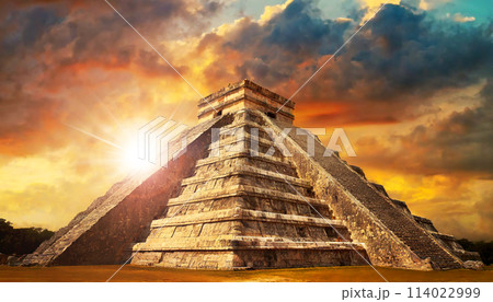Pyramid from the Ancient Mayan Civilization Against a Dramatic Sky at Sunset - Generative Ai 114022999