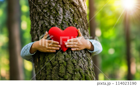 Child Hugging a Tree Trunk with a Red Heart in the Green Forest - Generative Ai 114023190