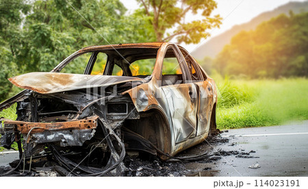 Close-up of a Broken and Burnt Car with Smashed Metal After the Fire - Generative Ai 114023191