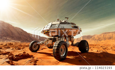 Close-up of a Mars Rover Exploring a Red Desert Planet - Generative Ai 114023193
