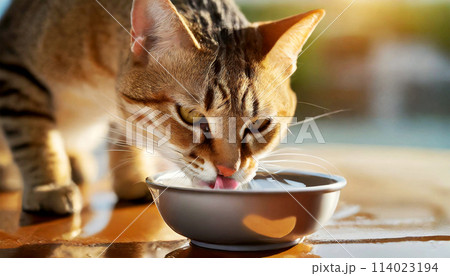 Close-up of a Tabby Cat Drinking Water From a Bowl - Generative Ai 114023194