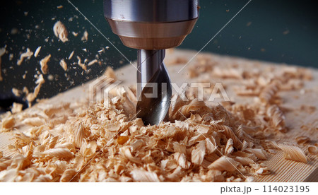 Close-up of Drilling Wood in Workshop with Electric Drill - Generative Ai 114023195