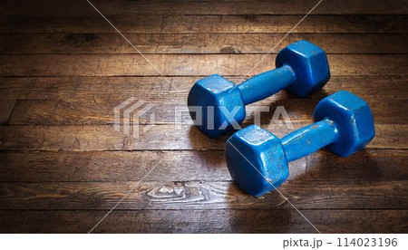 Close-up of Two Blue Dumbbells on the Wooden Floor with Copy Space - Generative Ai 114023196