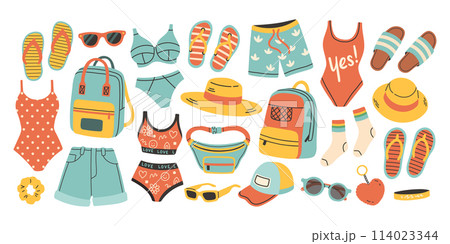 Summer clothes vector set for sticker. Bright summertime poster. Collection elements for summer holiday. Summer clothes vector set for sticker. Bright summertime poster. Collection elements for summer holiday. 114023344
