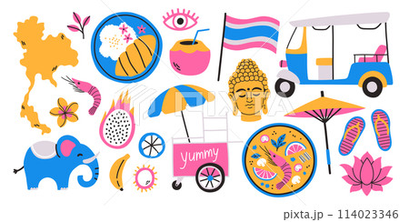 Travel to Thailand sticker set. Doodle elements Elephant, map of Thailand, thai food, Buddha head, lotus, thai fruits. 114023346