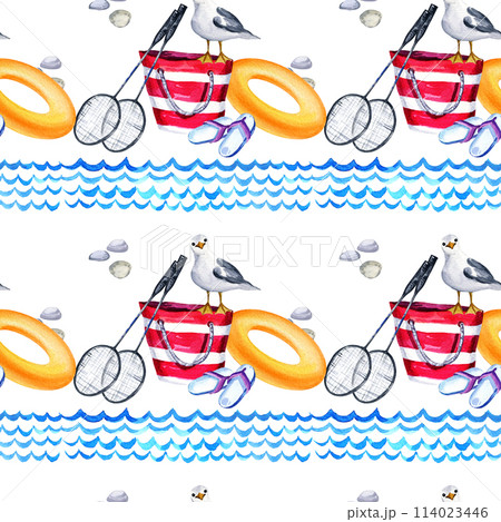 Watercolor seamless pattern of summer theme, red striped beach bag, badminton rackets, inflatable circle, slippers and seabird and blue wavy lines, holiday and vacation concept, travel illustration 114023446