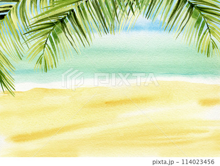 watercolor frame of tropical beach and sea with palm trees, seascape with green palm leaves, sketch of resort and vacation theme, summer illustration, for summer card and decoration watercolor frame of tropical beach and sea with palm trees, seascape with green palm leaves, sketch of resort and vacation theme, summer illustration, for summer card and decoration 114023456
