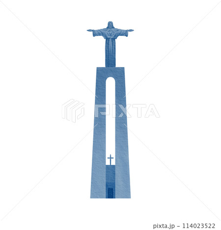 A statue of Jesus Christ on a pedestal with his arms outstretched.Religious sculpture of Portugal and Brazil in monochrome color of blue and white.For souvenirs,stickers,printed products A statue of Jesus Christ on a pedestal with his arms outstretched.Religious sculpture of Portugal and Brazil in monochrome color of blue and white.For souvenirs,stickers,printed products 114023522