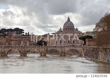 The St. Angelo Bridge and the St. Peter's Basilica in Rome 114023556