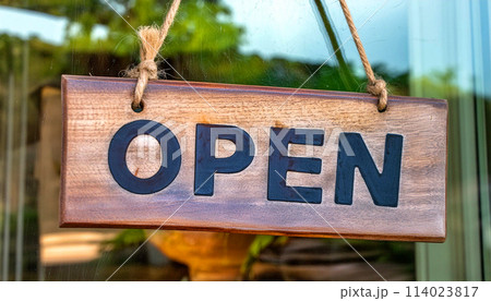 Vintage Wooden Sign Board with Text OPEN of a Commercial Shop - Generative Ai Vintage Wooden Sign Board with Text OPEN of a Commercial Shop - Generative Ai 114023817