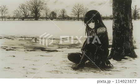 公園でしゃがみ込んで考え事をしている若い女性