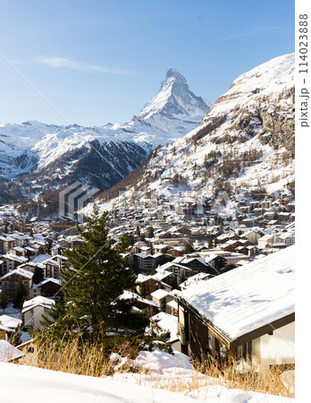 Snowy mountain Matterhorn during the day in winter. Zermatt, swiss alps Snowy mountain Matterhorn during the day in winter. Zermatt, swiss alps 114023888