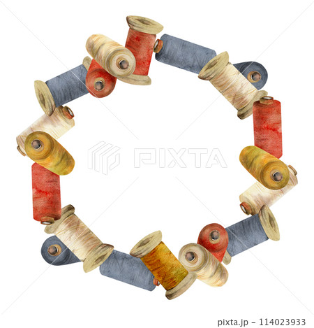 Hand drawn watercolor illustration sewing embroidery stitching supplies. Thread bobbins spools skeins yarn, red indigo beige. Frame wreath isolated white background. Design atelier, tailor, hobby shop 114023933