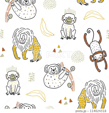 Seamless pattern with hand drawn funny monkey, bananas and hand drawn textures. Childish texture for fabric, textile,apparel. Vector background Seamless pattern with hand drawn funny monkey, bananas and hand drawn textures. Childish texture for fabric, textile,apparel. Vector background 114024318