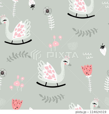 Seamless childish pattern with swan rocking toy in pale pink and gray color. Perfect for kids textile, fabric, apparel. Vector illustration 114024319