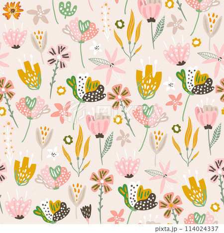 Seamless floral pattern in pastel colors. Blooming flower texture. Great for fabric, textile vector illustration. 114024337