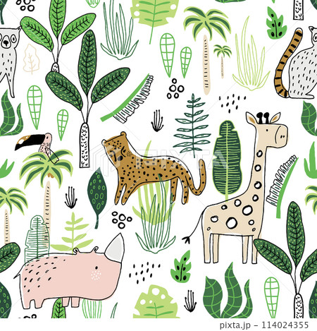 Seamless childish jungle pattern with leopard, giraffe, toucan, rhinoceros and jungle florals. Perfect for fabric,textile. Creative Vector background Seamless childish jungle pattern with leopard, giraffe, toucan, rhinoceros and jungle florals. Perfect for fabric,textile. Creative Vector background 114024355