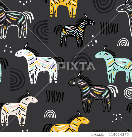Seamless childish pattern with colorful zebras, rainbows and hand drawn textures. Perfect for fabric,textile. Creative Vector background 114024370