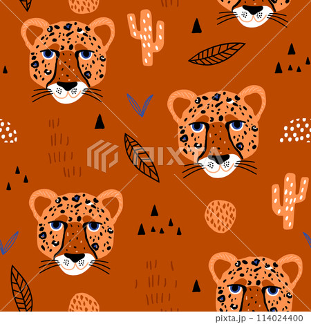 Semless african pattern with cheteah heads. Jangle style childish texture for fabric, textile, apparel, nursery decoration. Vector illustration 114024400