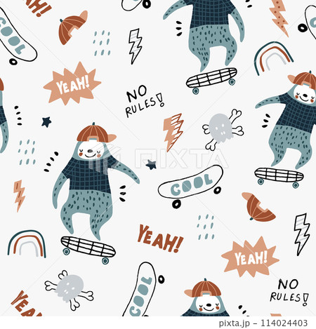 Seamless childish pattern with funny sloths on skateboards . Creative scandinavian kids texture for fabric, wrapping, textile, wallpaper, apparel. Vector illustration 114024403