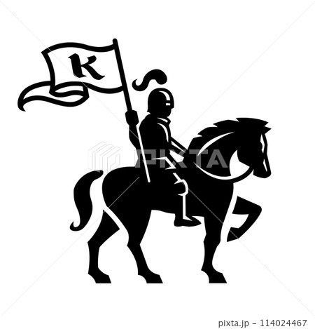 Knight riding a horse with a shield and flag logo. Knight riding a horse with a shield and flag logo. 114024467