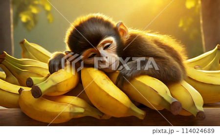 Cute Little Monkey Rests on a Bunch of Bananas - Generative Ai 114024689