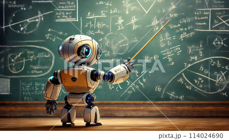 Cute Little Robot Explains Mathematics or Physics on the Blackboard - Generative Ai 114024690