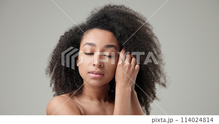 Beauty and Healthcare concept - Beautiful African American woman with curly afro hairstyle hair and clean, healthy skin on gray studio background posing and looking at camera Beauty and Healthcare concept - Beautiful African American woman with curly afro hairstyle hair and clean, healthy skin on gray studio background posing and looking at camera 114024814