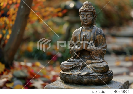 Buddha Statue Meditating in Autumn Garden with Colorful Foliage Background. Concept of Peace, Zen, and Spirituality Buddha Statue Meditating in Autumn Garden with Colorful Foliage Background. Concept of Peace, Zen, and Spirituality 114025006