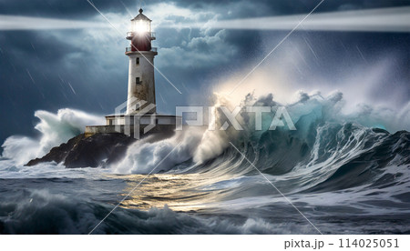 Lighthouse in the Stormy Sea with Waves Crashing on the Cliff - Generative Ai 114025051
