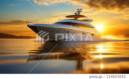 Luxury Motor Boat Moving on the Sea at Sunset or Sunrise - Generative Ai 114025052