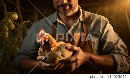Male Farmer Holding a Beautiful Chicken in a Chicken Coop - Generative Ai 114025053