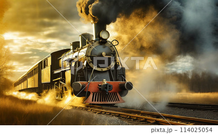 Old Locomotive of a Steam Train in Motion - Generative Ai 114025054