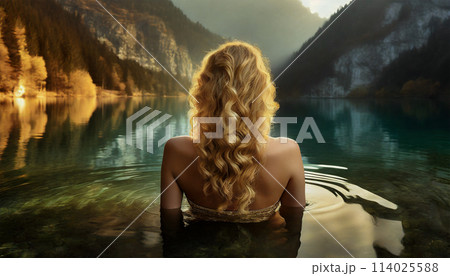 Young Woman Relaxes by Bathing in a Mountain Lake - Generative Ai 114025588