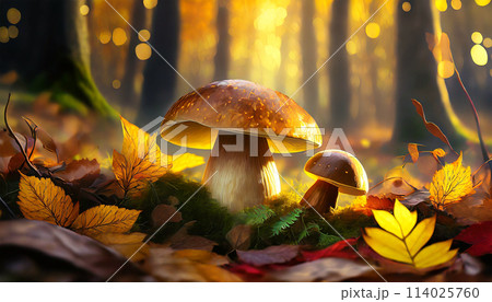 Closeup of Two Beautiful Porcini Mushrooms - Generative Ai 114025760