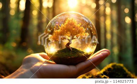 Hand Holding Glass Globe with a Maple Bonsai Tree Inside - Generative Ai Hand Holding Glass Globe with a Maple Bonsai Tree Inside - Generative Ai 114025773
