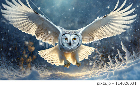 White Owl or Snowy Owl Flying in Winterのイラスト素材 White Owl or Snowy Owl Flying in Winterのイラスト素材