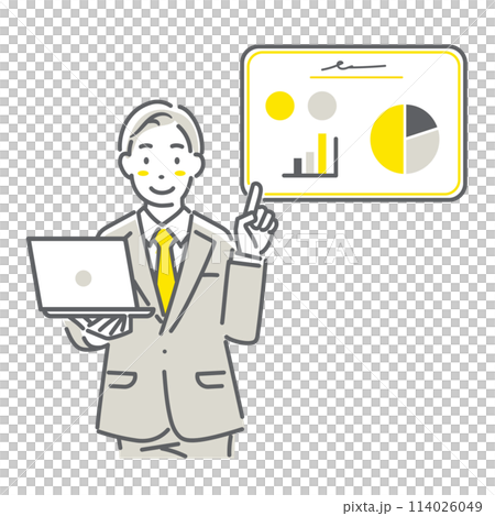 A simple and stylish line drawing of a male employee giving a presentation 114026049