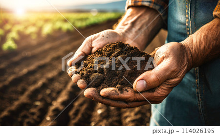 Wrinkled Hands of a Farmer Holding Soil - Generative Ai 114026195