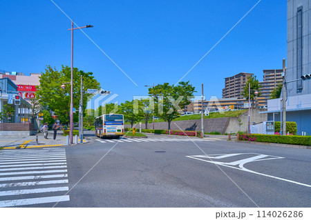 春の東京都稲城市若葉台2丁目の若葉台駅前交差点から若葉台中央通りの西側方面を見る 114026286