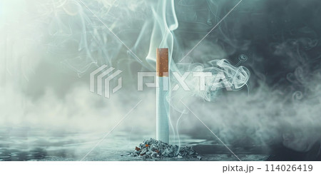 Extinguished cigarette standing on dark surface with rising smoke and ash on dark background. Dangers of smoking and addiction concept. No tobacco day. Ai generation. 114026419
