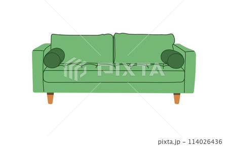 Fashionable green sofa in retro style. A modern collection of upholstered furniture. Flat vector illustration 114026436