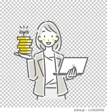 A simple and stylish line drawing of a female financial planner who supports asset management A simple and stylish line drawing of a female financial planner who supports asset management 114026483