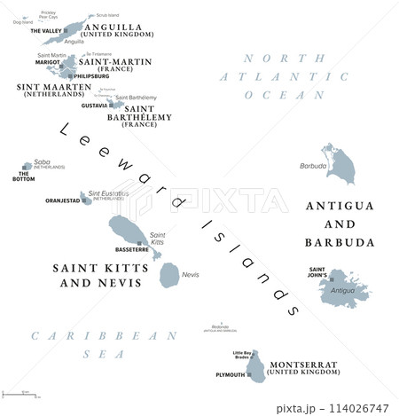From Anguilla to Montserrat, gray political map. Caribbean islands, part of Leeward Islands and Lesser Antilles. Anguilla, Saint Martin, Saint Kitts and Nevis, Antigua and Barbuda, and Montserrat. 114026747