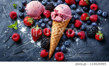 Scoops of Ice Cream With Berries 114026995