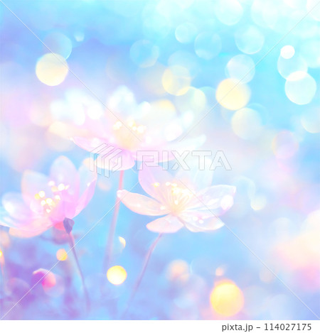 ソフトで明るくカラフルな美しい玉ボケのある花々のイラスト素材 114027175