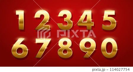 Birthday golden numbers isolated on red background. Set of gold yellow isolated numbers. Bright metallic 3D, realistic vector design elements 114027754