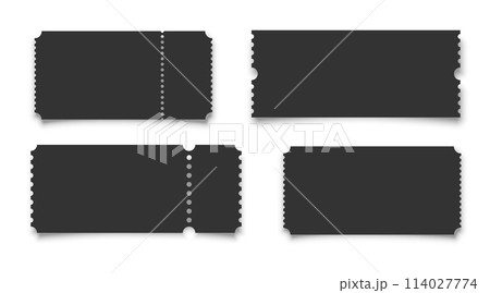 Collection of cinema realistic tickets vector template. Retro black paper coupons for event, discount vouchers mockup with text space on white background. Concert, movie, raffle, carnival blank pass Collection of cinema realistic tickets vector template. Retro black paper coupons for event, discount vouchers mockup with text space on white background. Concert, movie, raffle, carnival blank pass 114027774