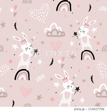 Seamless childish pattern with bunny princess on rainbow. Creative kids texture for fabric, wrapping, textile, wallpaper, apparel. Vector illustration Seamless childish pattern with bunny princess on rainbow. Creative kids texture for fabric, wrapping, textile, wallpaper, apparel. Vector illustration 114027798