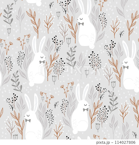 Seamless forest pattern with adorable rabbits in floral elements. Creative forest texture for fabric, wrapping, textile, wallpaper, apparel. Vector illustration Seamless forest pattern with adorable rabbits in floral elements. Creative forest texture for fabric, wrapping, textile, wallpaper, apparel. Vector illustration 114027806